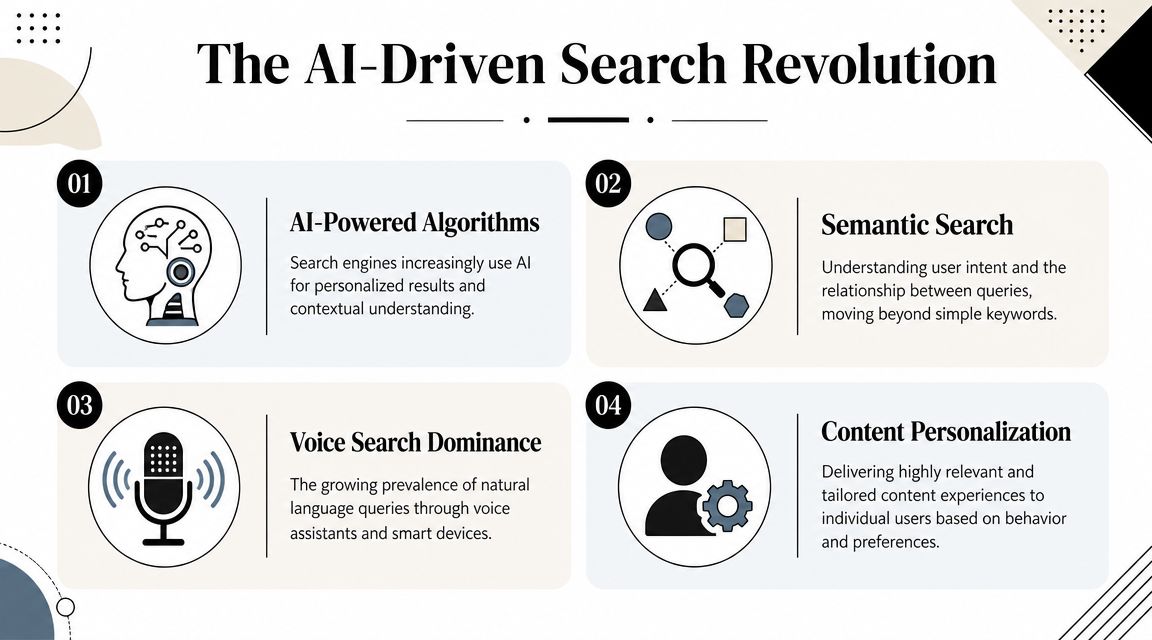 An infographic titled The AI-Driven Search Revolution, detailing four key trends: AI algorithms, semantic search, voice search, and personalization.
