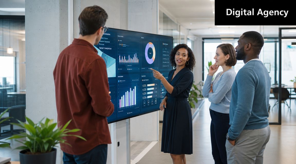 A professional team of diverse colleagues collaboratively reviewing data analytics on a large wall-mounted screen display.