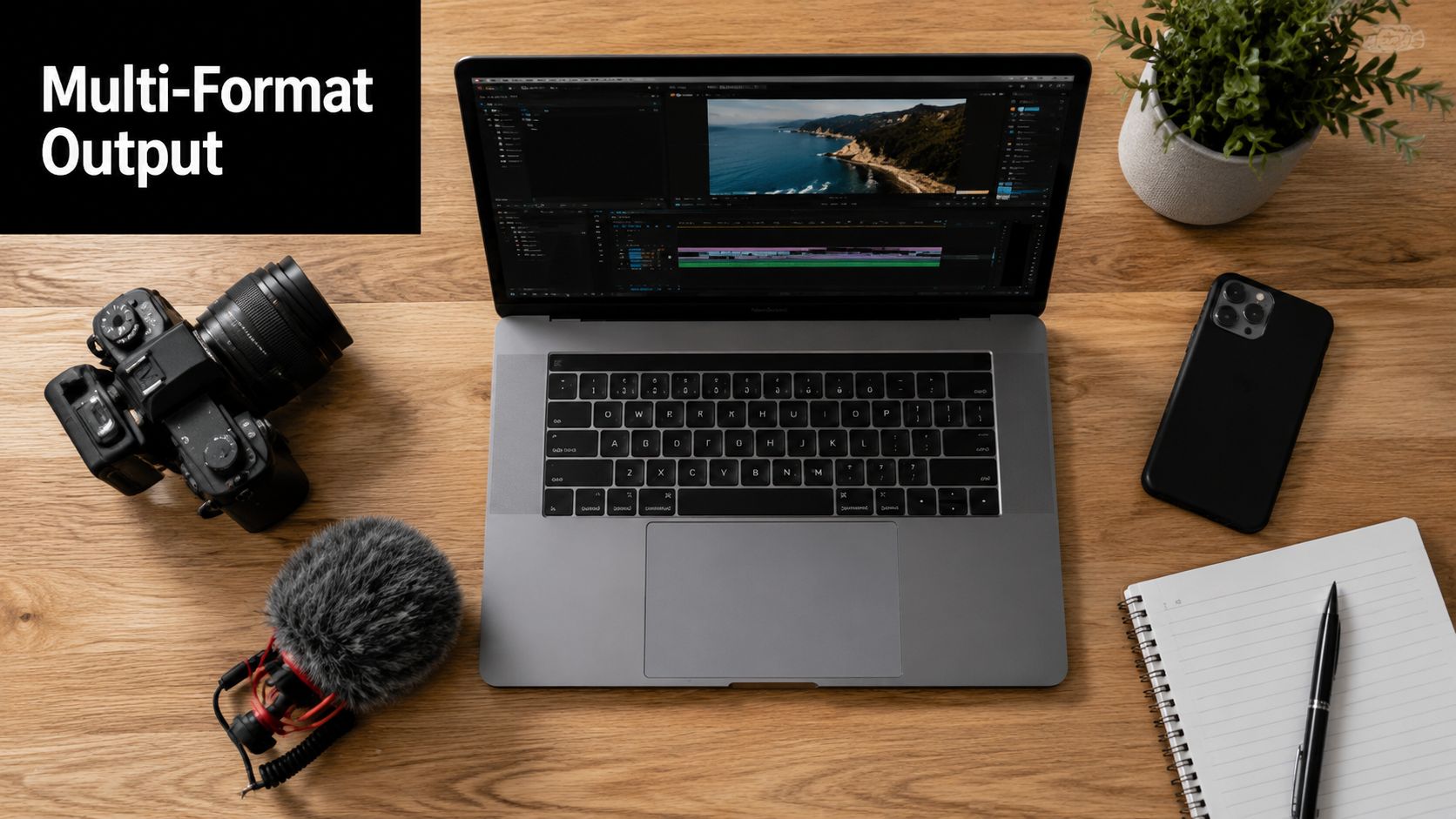 A professional video editing workspace featuring a laptop, camera, microphone, and notebook on a wooden desk.