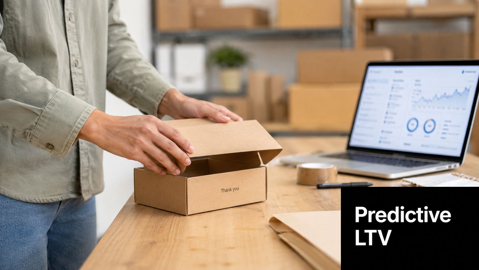 A warehouse worker packaging items with a laptop displaying business analytics data on a desk.