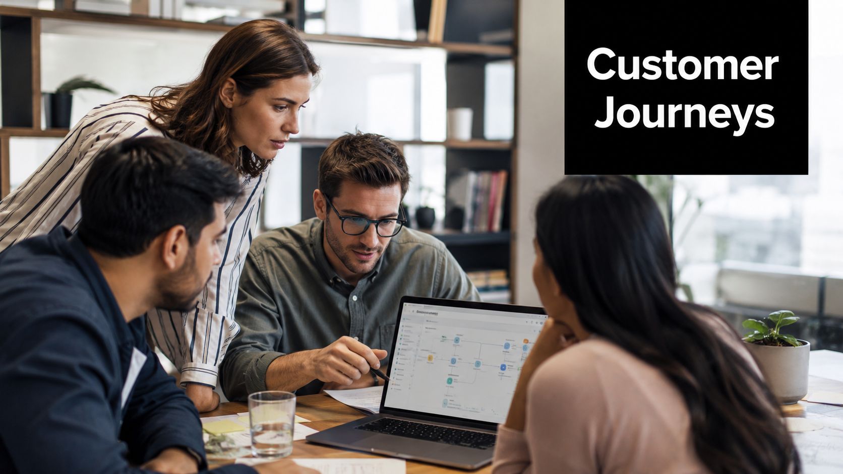 A professional team collaborating on an ai marketing automation tool strategy while looking at a laptop screen.