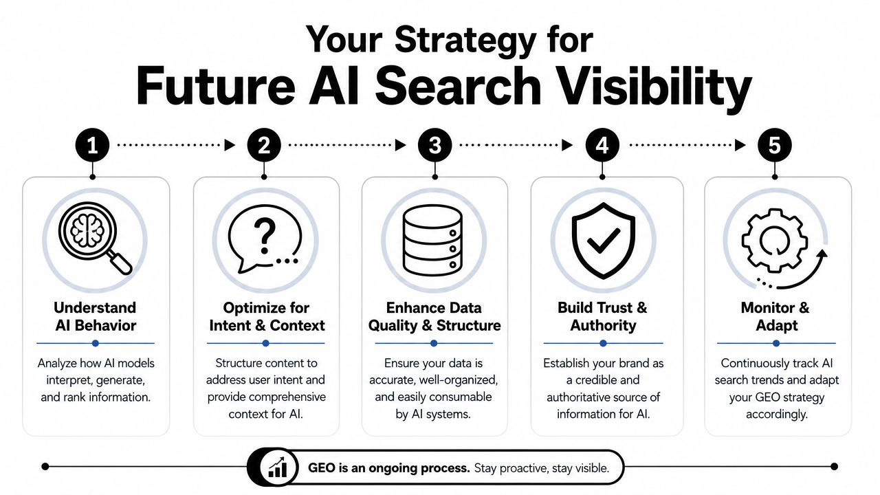 A strategic infographic outlining five steps for improving AI search visibility and maintaining long-term digital performance.