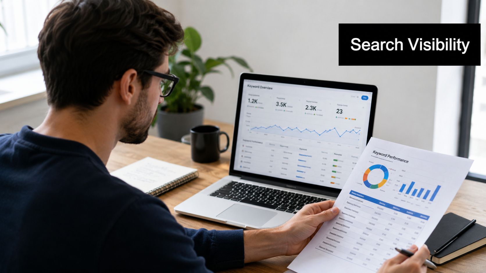 A professional analyzing search engine keyword performance metrics on a laptop and a printed report.