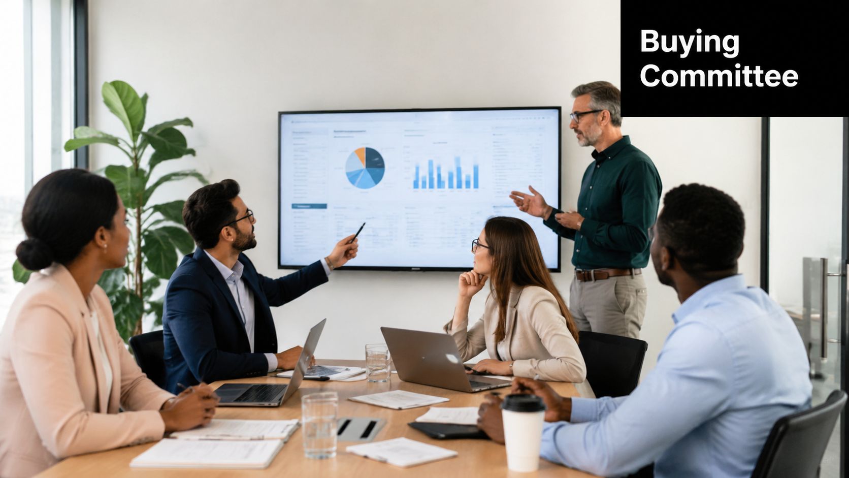 A professional buying committee collaborating during a business meeting with a data presentation on a screen.