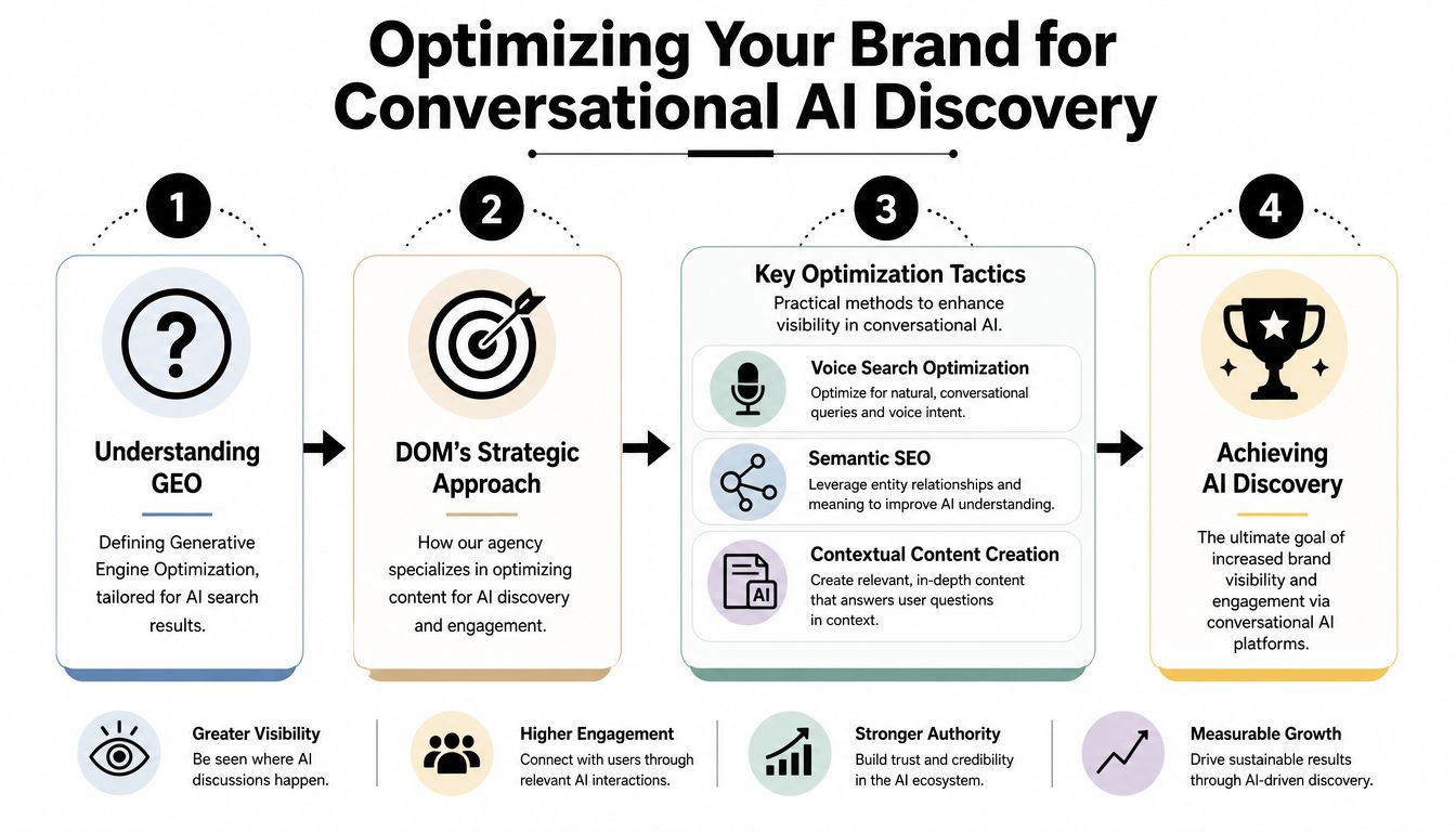A four-step infographic illustrating the process of optimizing a brand for conversational AI discovery and engagement.