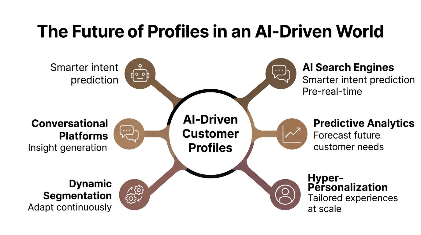 A diagram illustrating how AI-driven customer profiles enable predictive analytics, personalization, and dynamic segmentation for businesses.