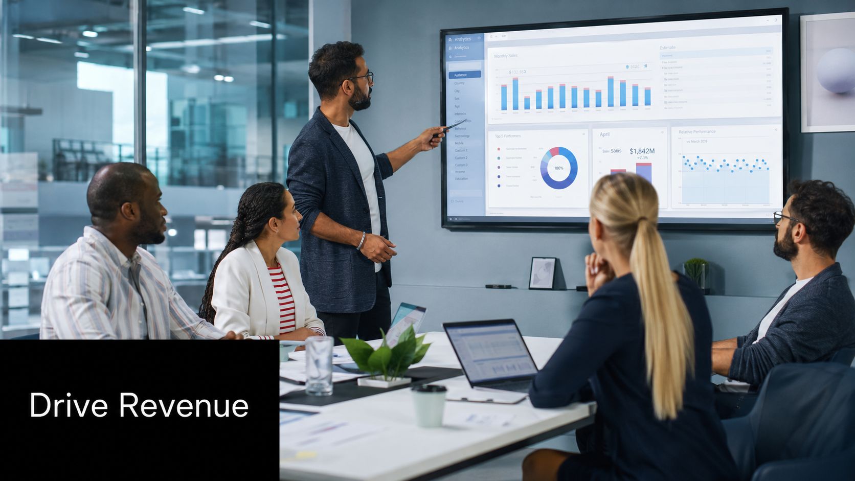 A professional team collaborating during a business meeting, viewing data analytics presented on a large screen.