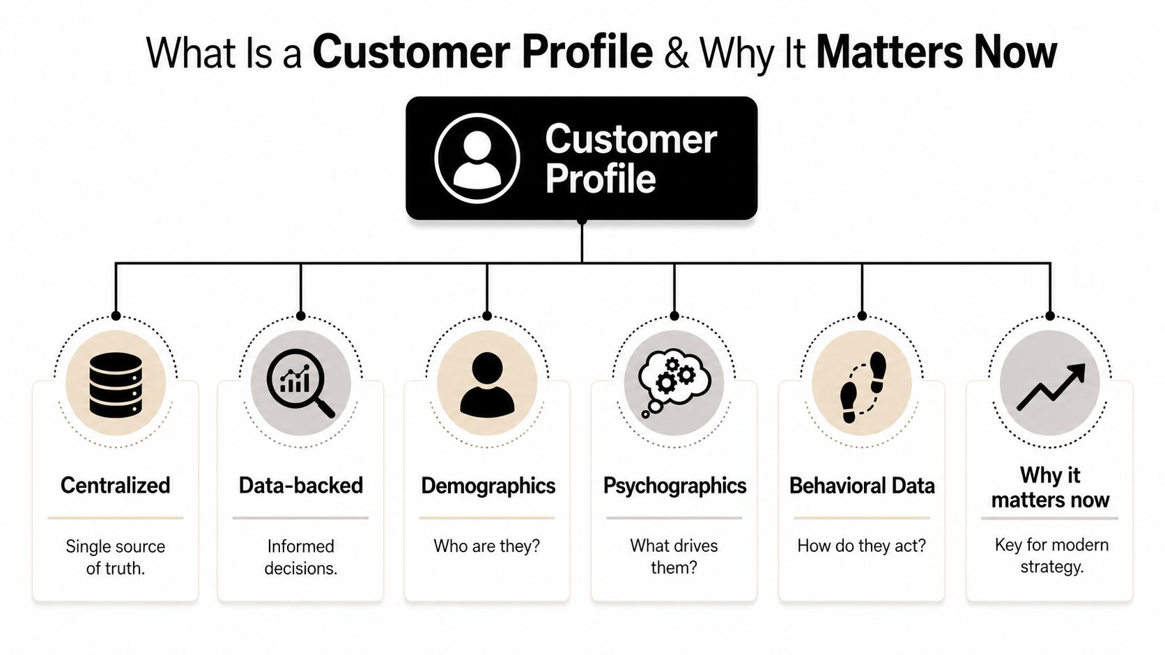 An infographic diagram explaining the key components and importance of a modern customer profile.