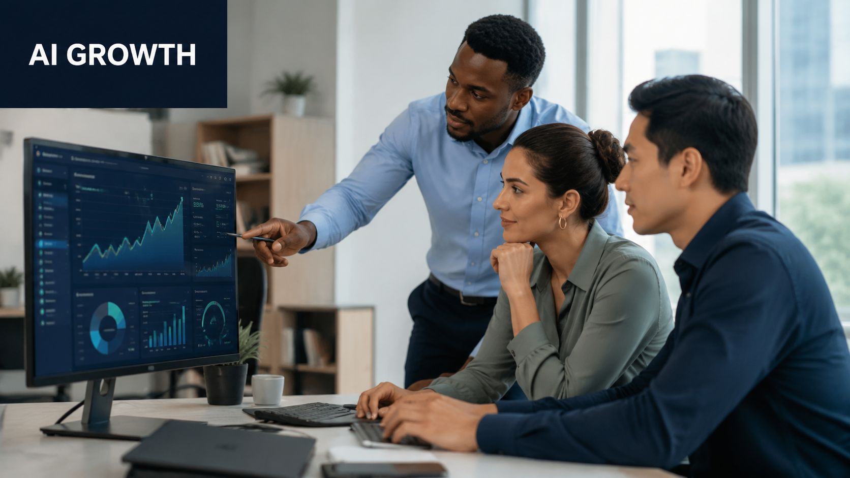A professional team of three colleagues collaborating on artificial intelligence data analytics in a modern office.