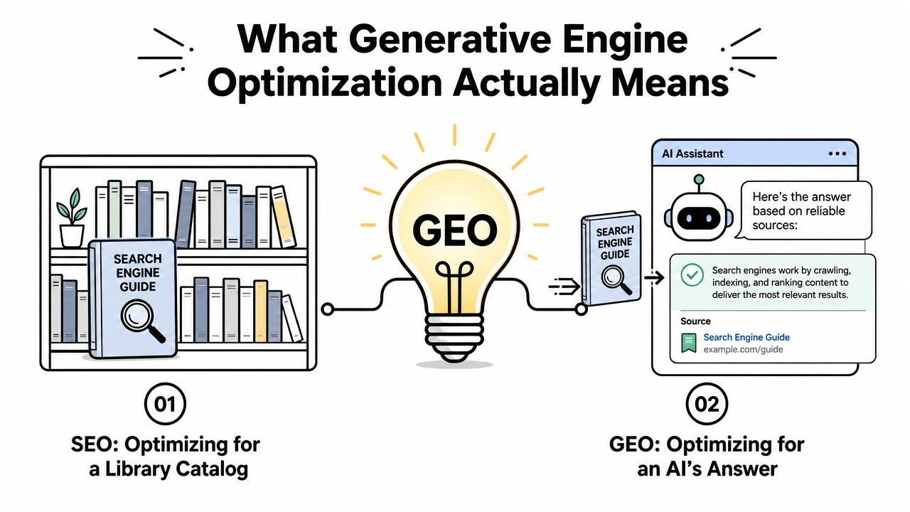 A diagram contrasting SEO as a library catalog search versus GEO as an AI-powered engine response.