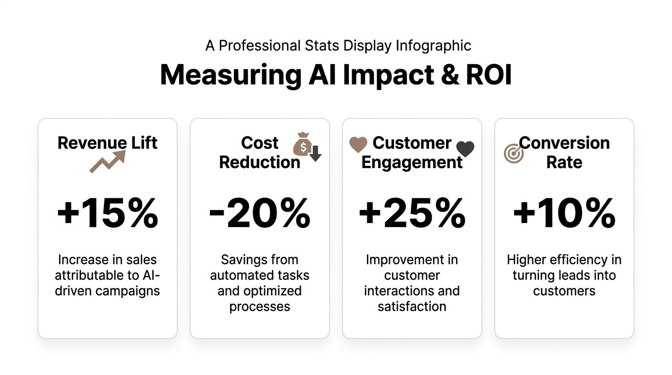 An infographic titled Measuring AI Impact and ROI displaying statistical improvements in revenue, costs, engagement, and conversion rates.