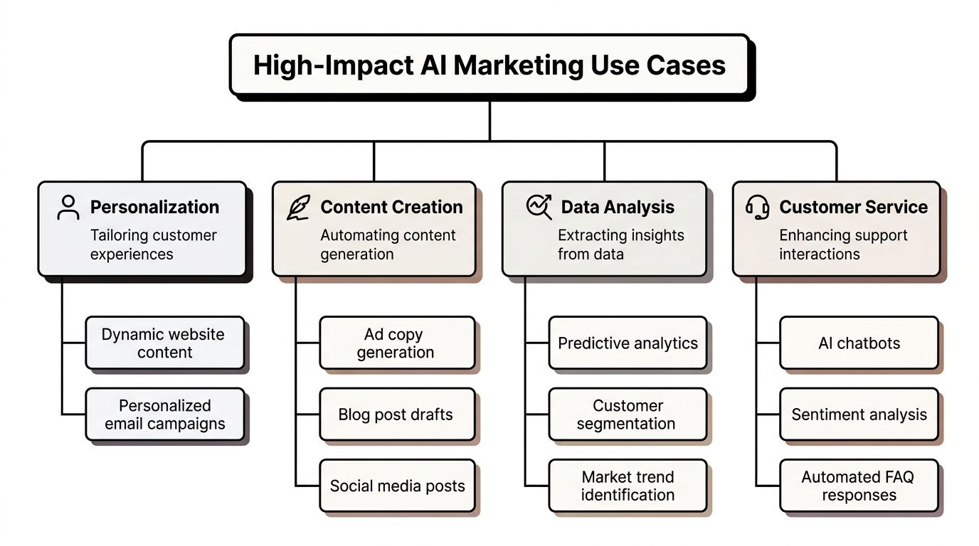 A hierarchy chart titled High-Impact AI Marketing Use Cases, detailing personalization, content creation, data analysis, and service.