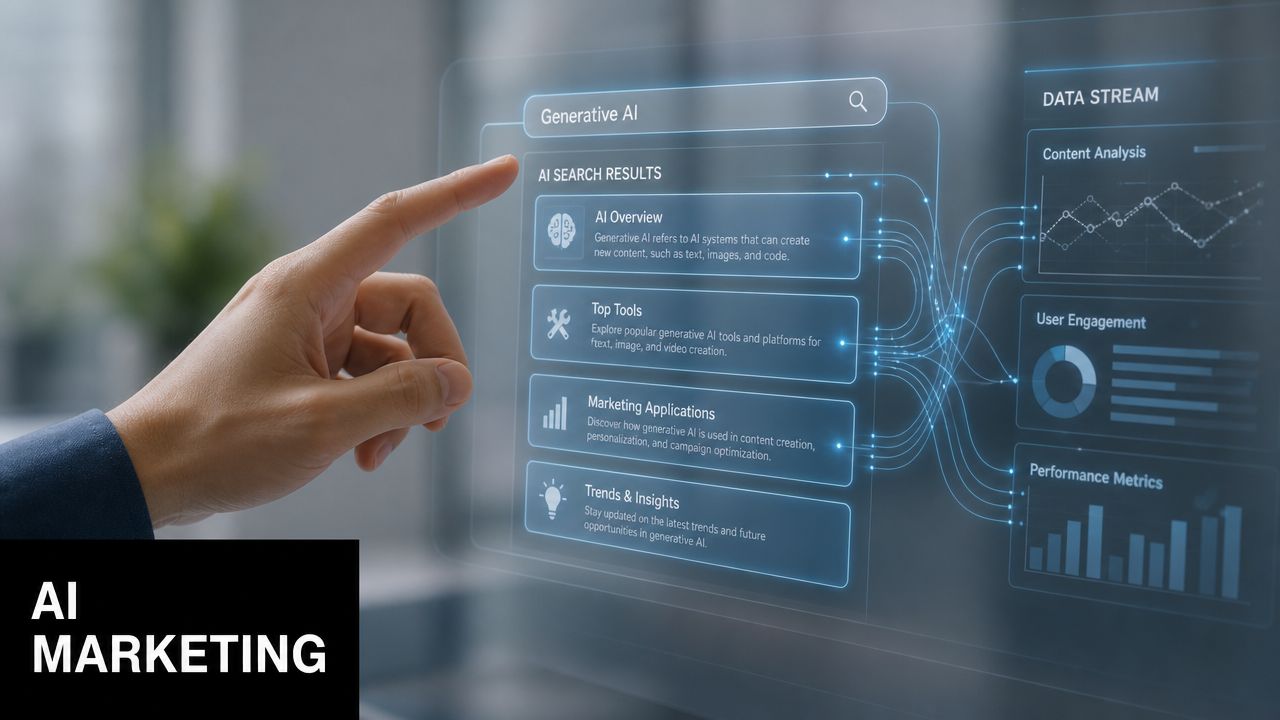A hand interacting with a holographic display featuring generative AI search results for digital marketing.