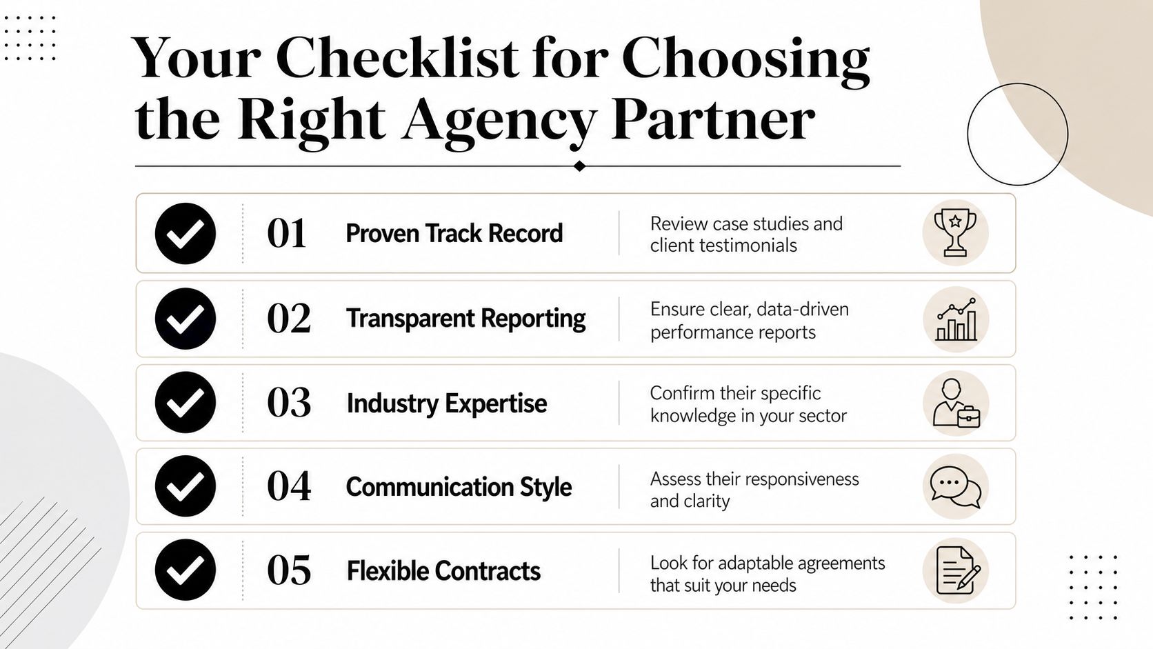 A checklist infographic listing five essential steps for choosing the right agency partner for your business.