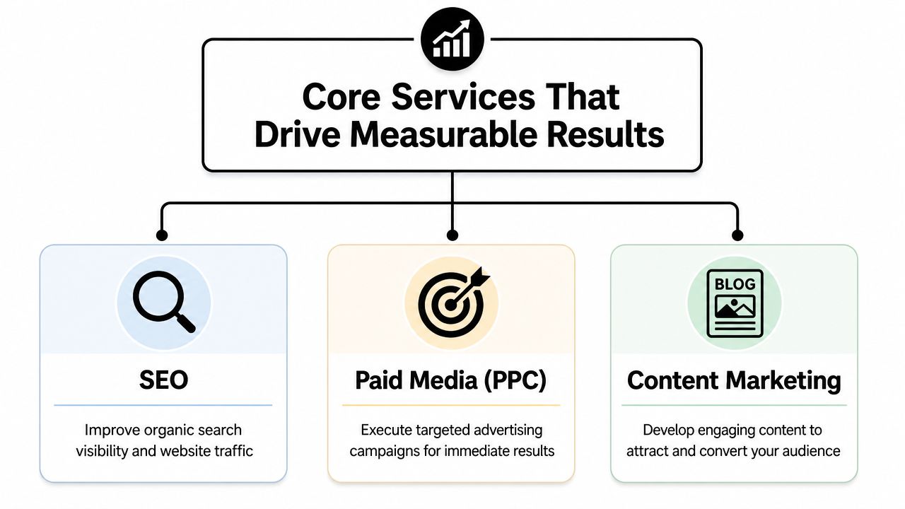 A diagram outlining core marketing services including SEO, Paid Media PPC, and Content Marketing for measurable business growth.