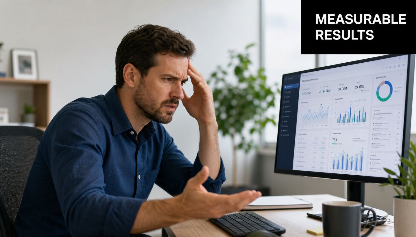 A frustrated professional analyzing complex marketing data dashboards on a computer screen in a bright office.