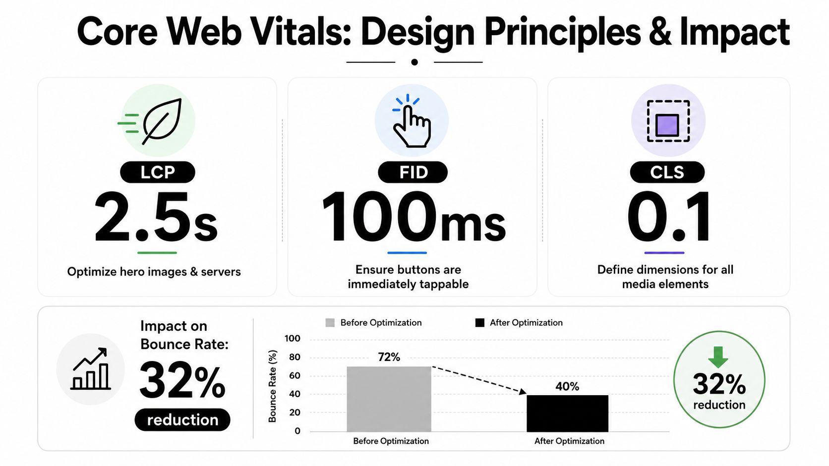 An infographic showing Core Web Vitals metrics, design principles, and their positive impact on bounce rates.