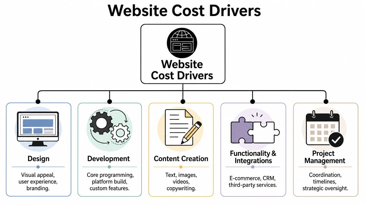 An infographic titled Website Cost Drivers showing key factors including design, development, content creation, integrations, and management.