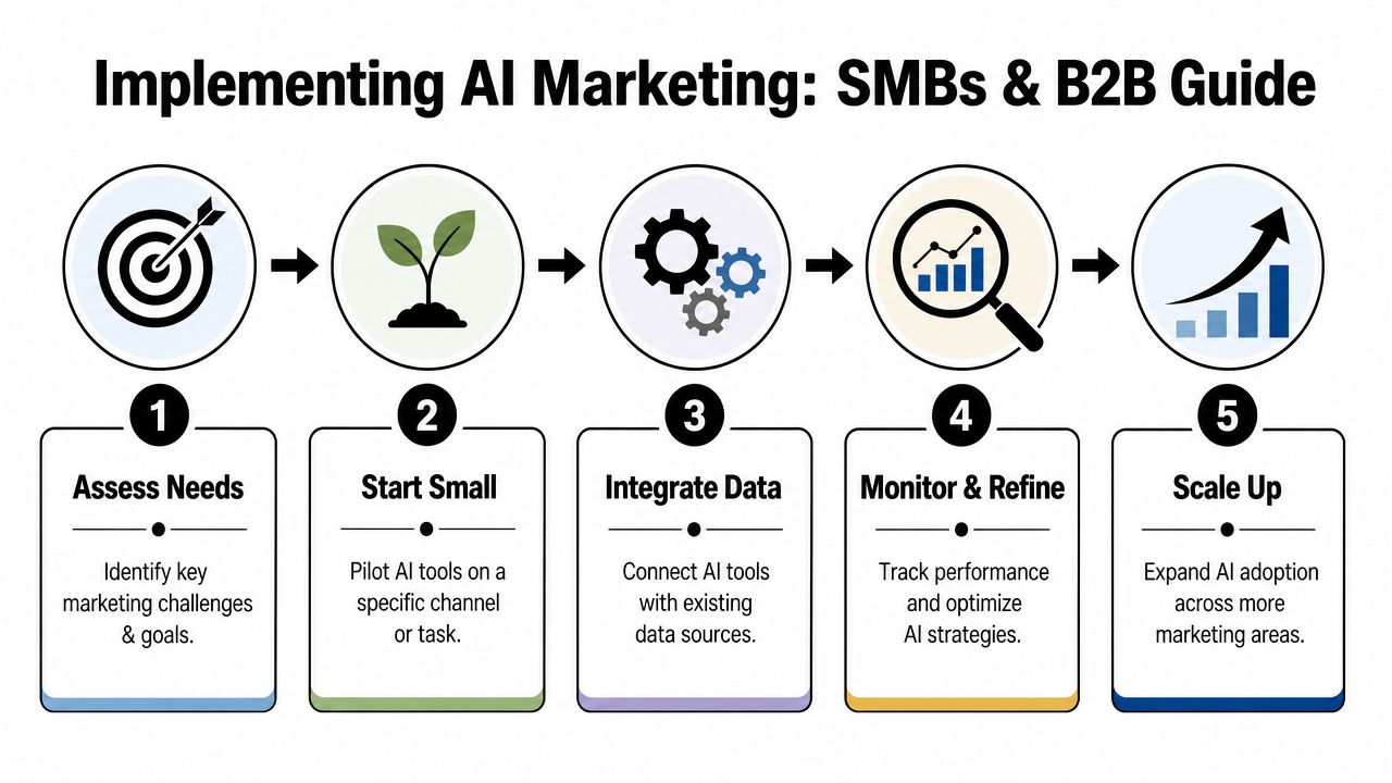 A five-step guide on how small businesses and B2B companies can implement AI into their marketing strategies.
