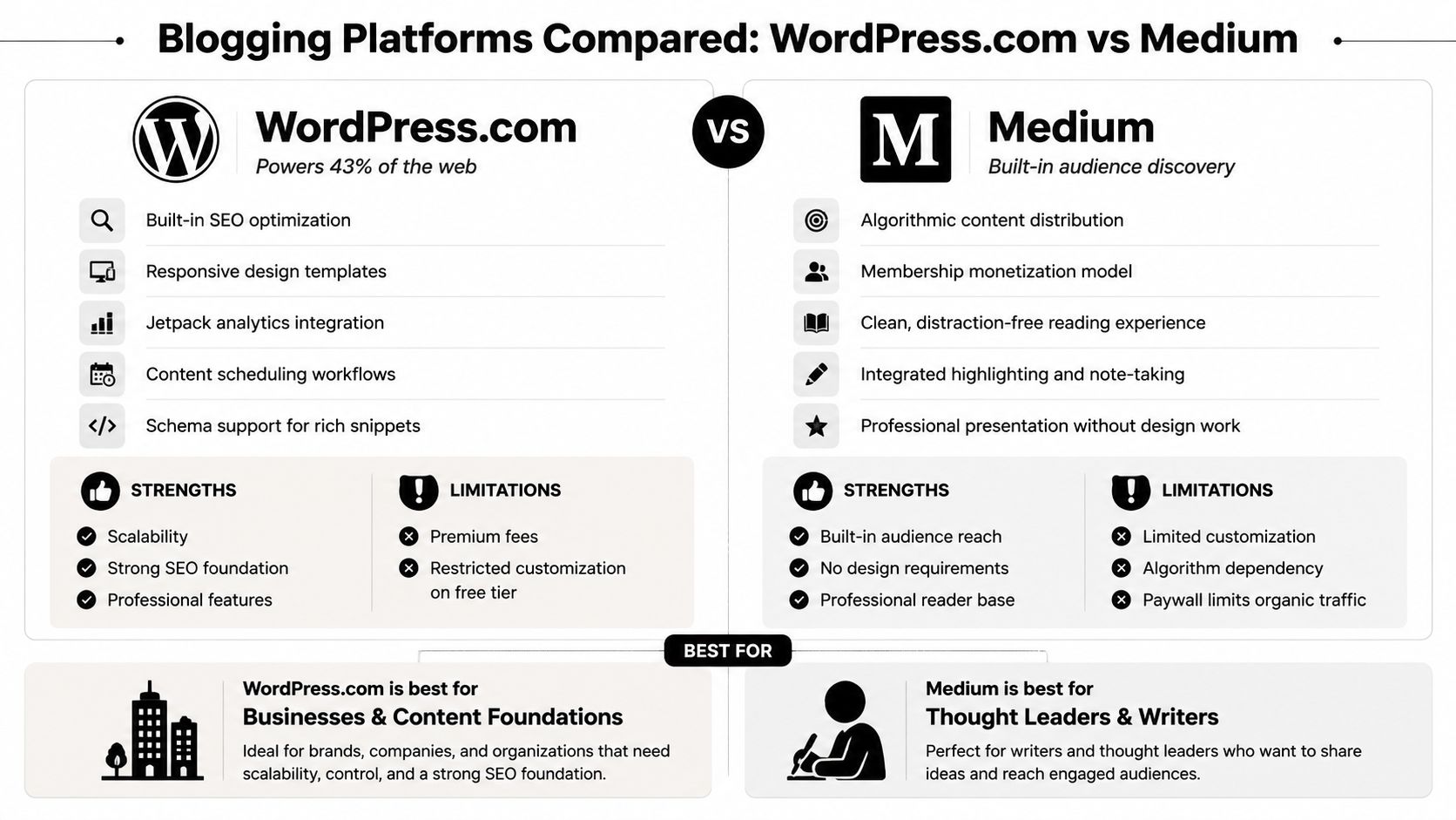 A comparison infographic between WordPress.com and Medium, highlighting their features, strengths, limitations, and ideal target audiences.