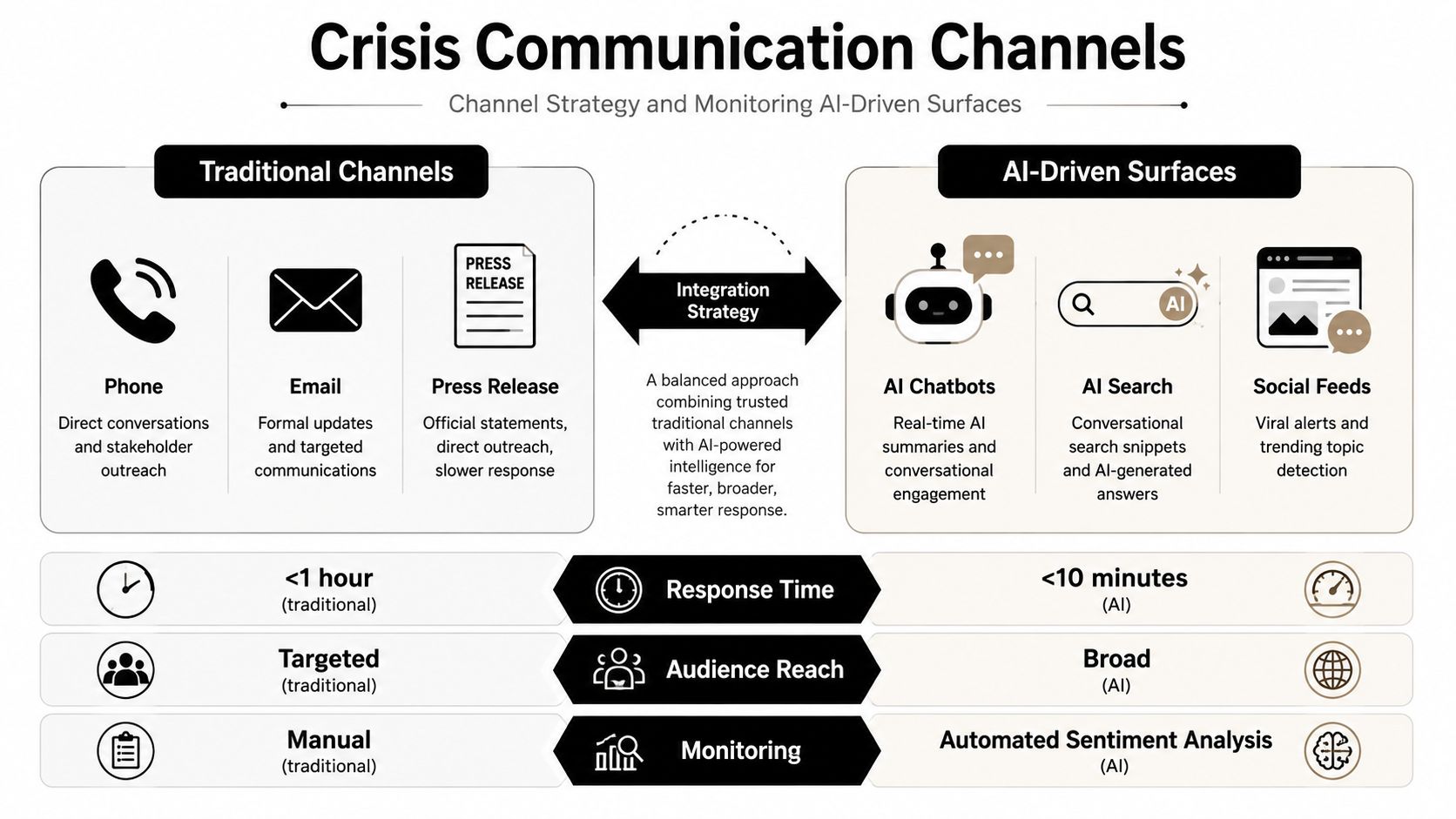 A diagram comparing traditional and AI-driven channels for effective crisis communication strategies and monitoring workflows.