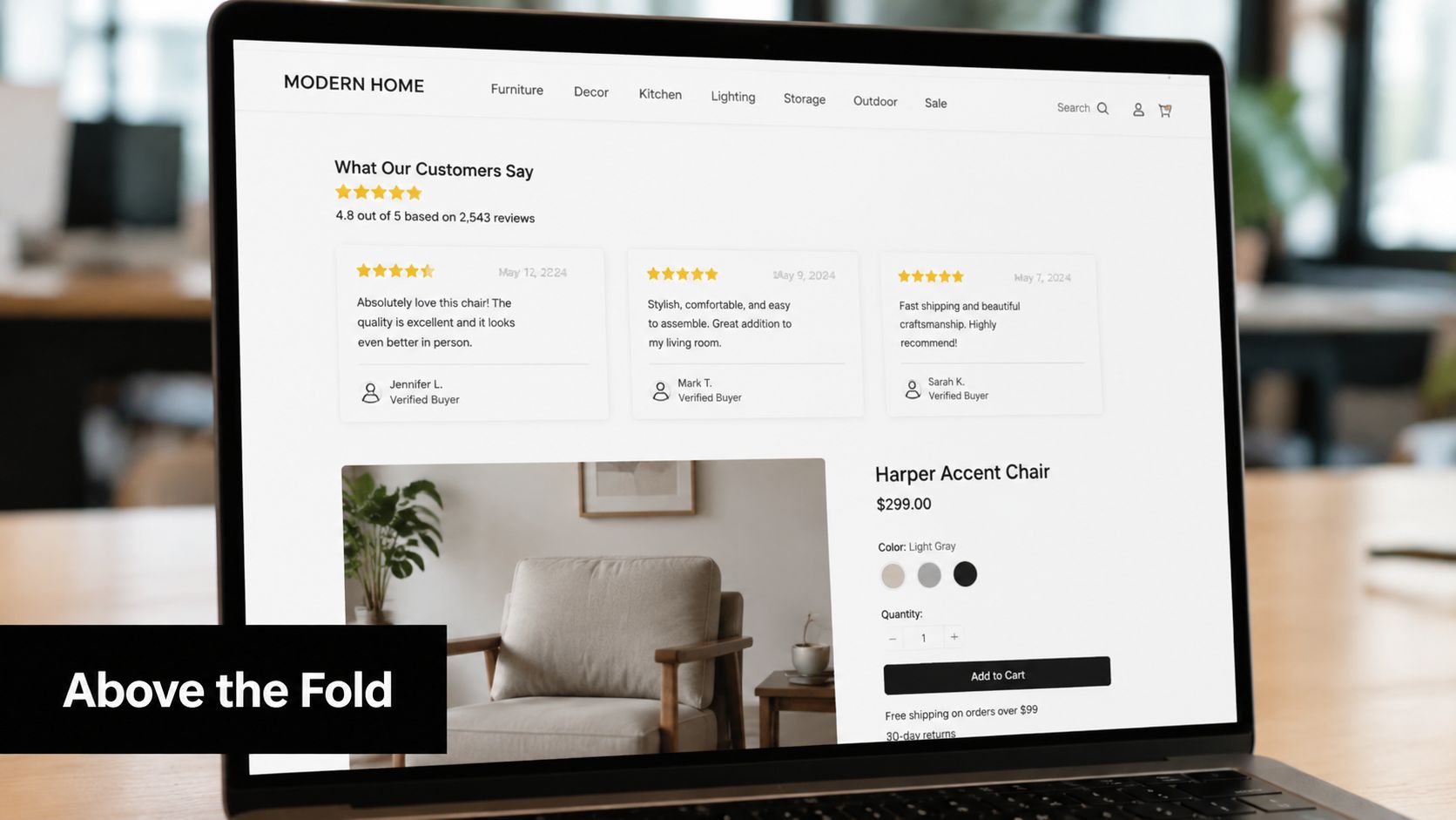 A laptop screen displaying product reviews and purchase options for the Harper Accent Chair on an e-commerce website.