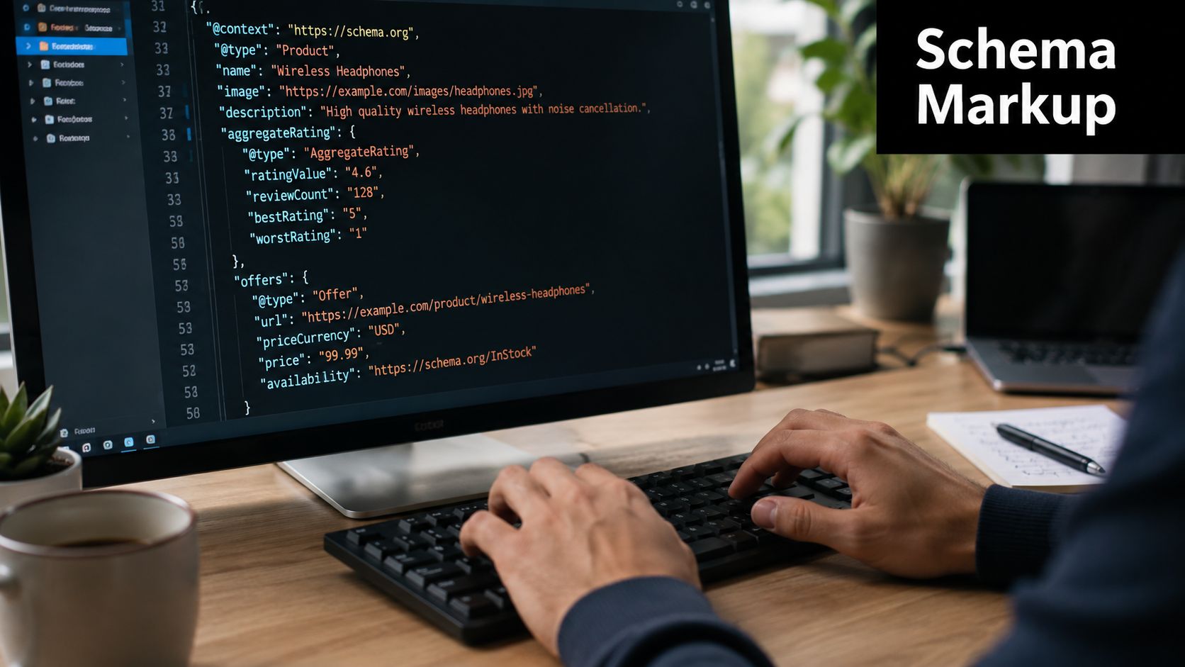 A developer typing on a keyboard while working on JSON-LD schema markup code for an e-commerce product page.