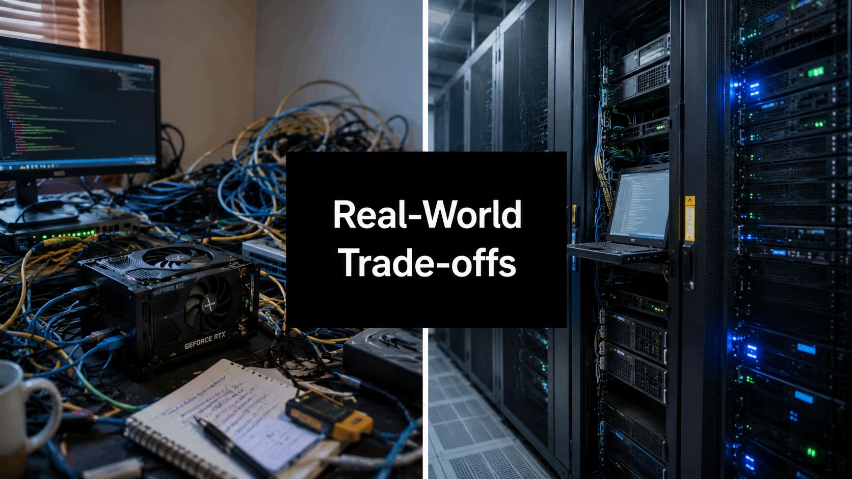 A split screen comparing a messy desk with a GPU and a tidy, professional server rack room.