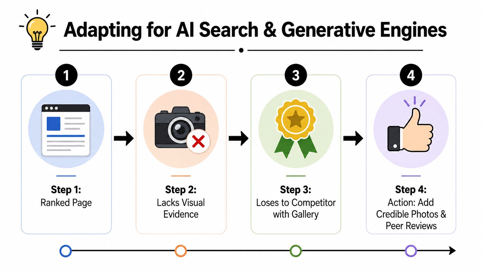 A four-step infographic illustrating how adding visual evidence and reviews improves AI search engine performance.