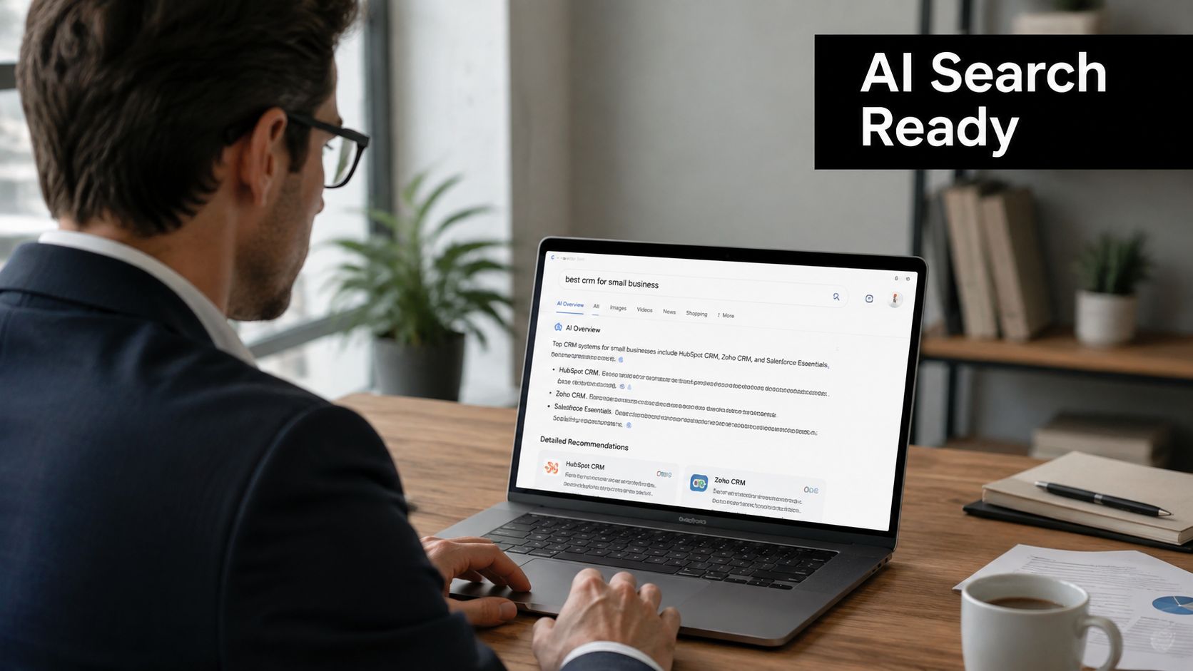 A professional man using a laptop to research the best CRM software for small businesses.