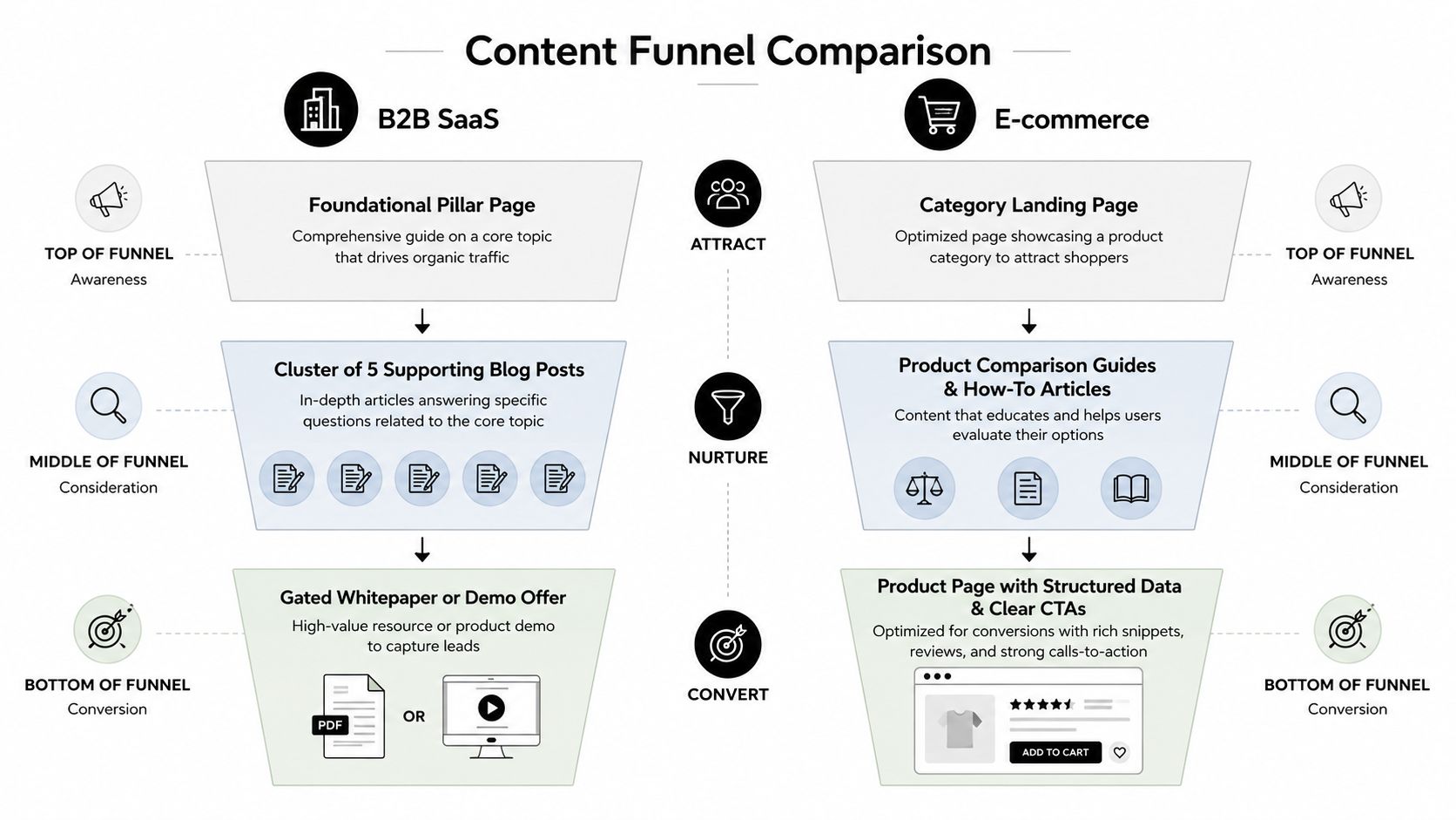 A comparison chart showing content funnel strategies for B2B SaaS and e-commerce marketing businesses.