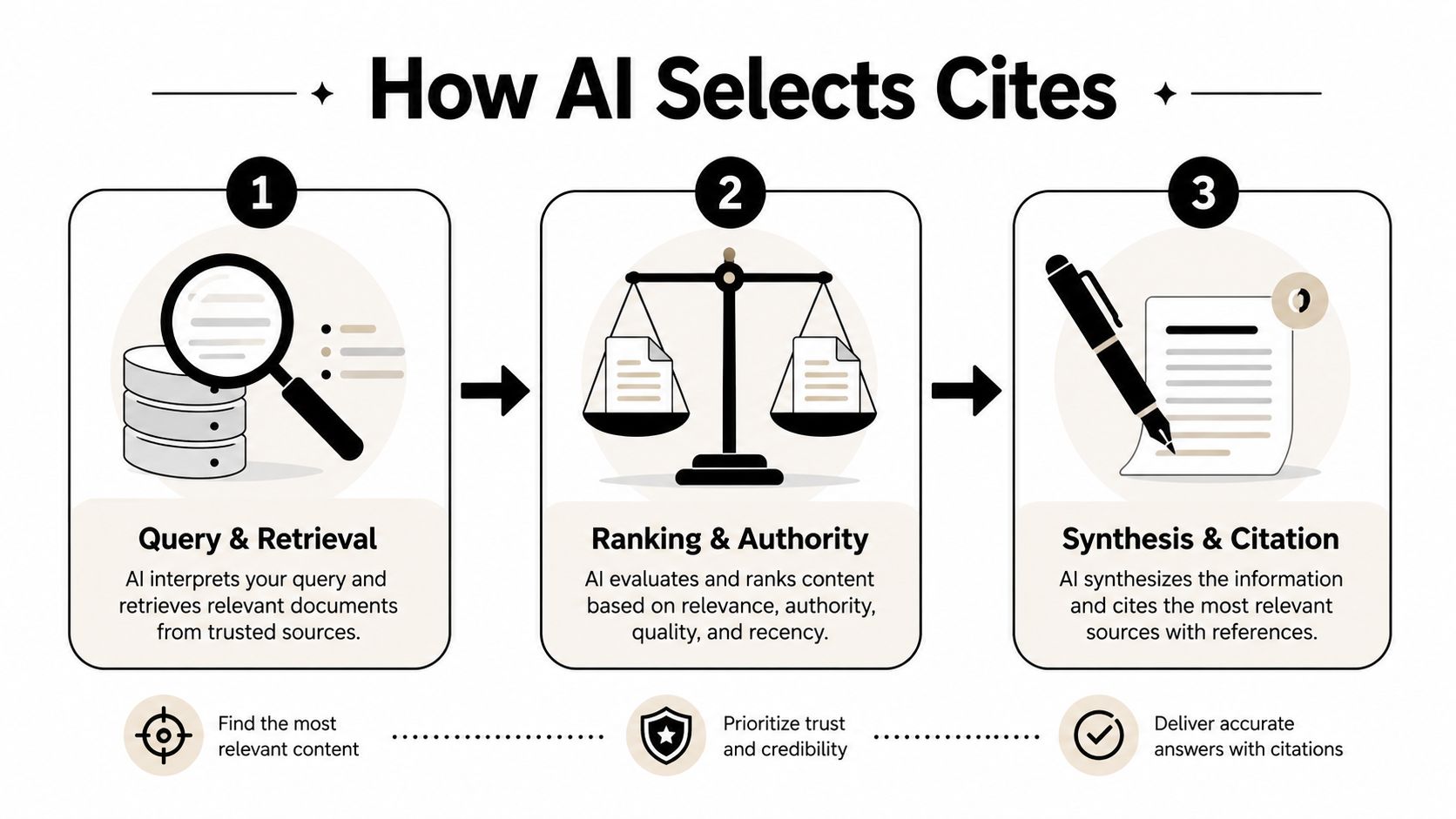 A three-step infographic illustrating how AI systems retrieve, rank, and synthesize information to provide cited search results.