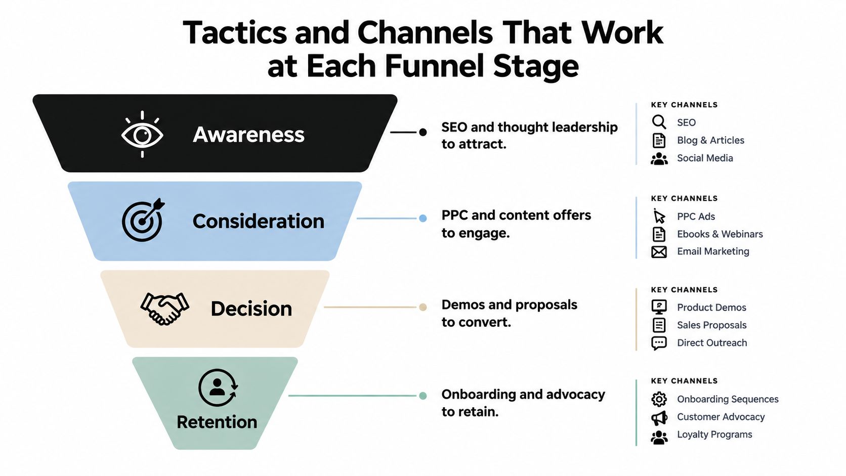A marketing funnel diagram showing tactics and key channels for awareness, consideration, decision, and retention stages.