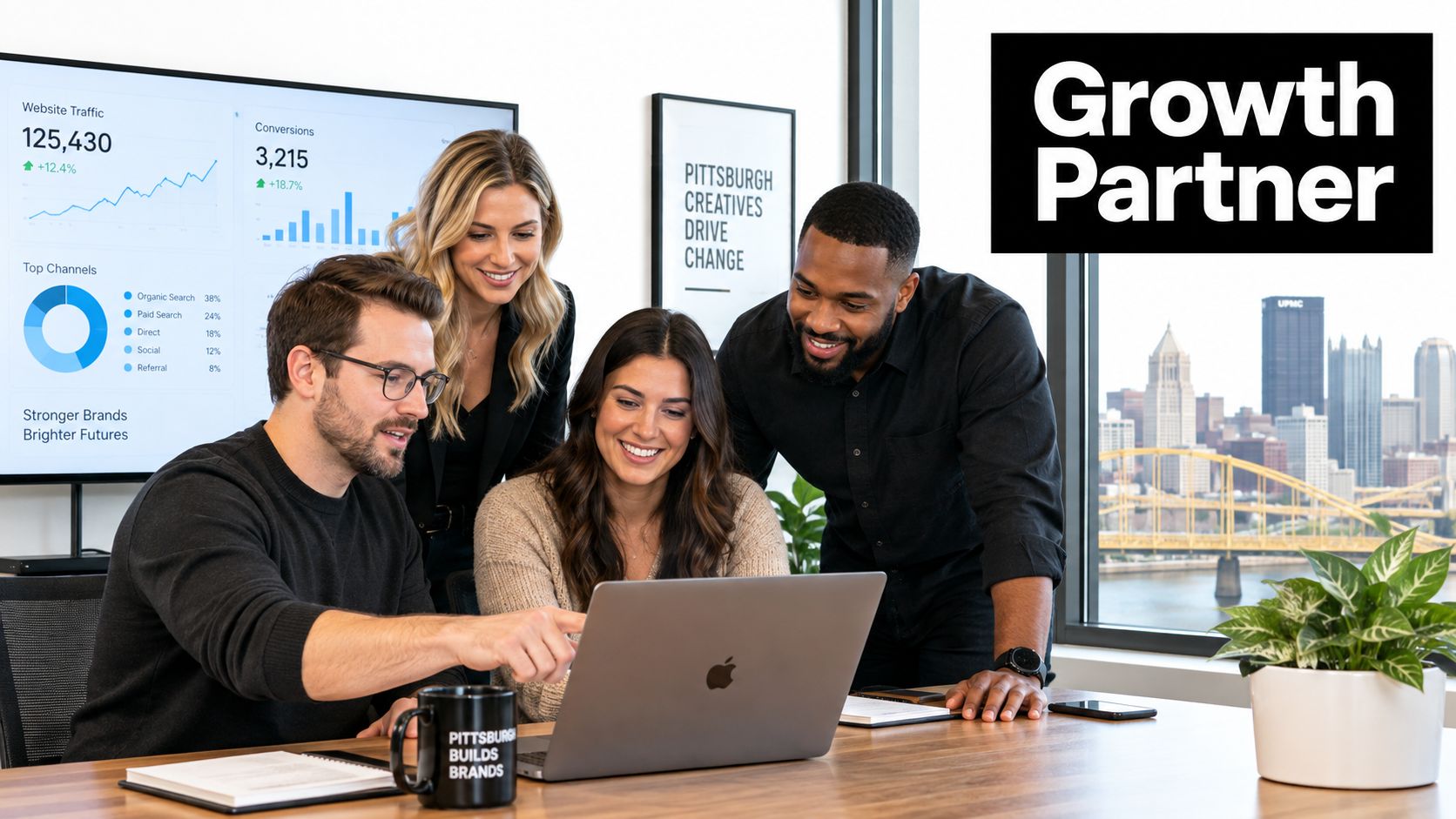 A diverse team of professionals collaborating around a laptop to analyze marketing data in a modern office.