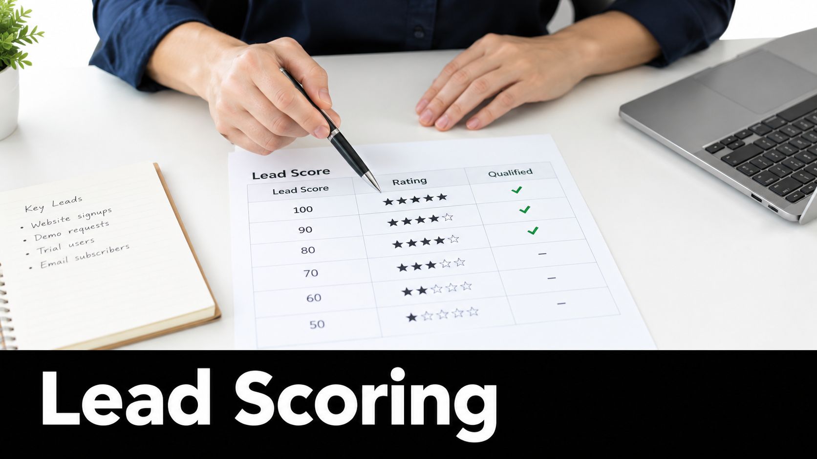 A professional analyzing a lead scoring chart with star ratings and qualification status on a desk.