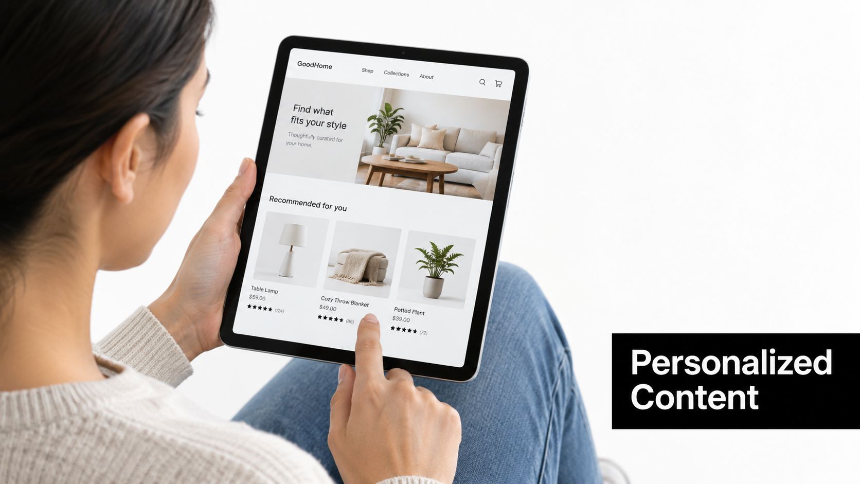 A woman using a tablet to browse a home decor website featuring personalized product recommendations and content.