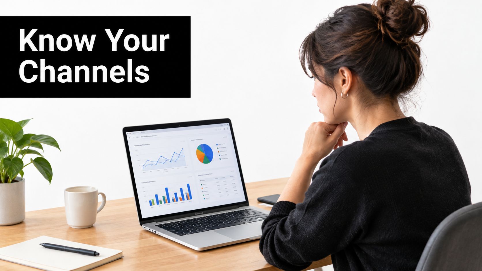 A woman reviewing data analytics and marketing channel performance on her laptop at a wooden desk.
