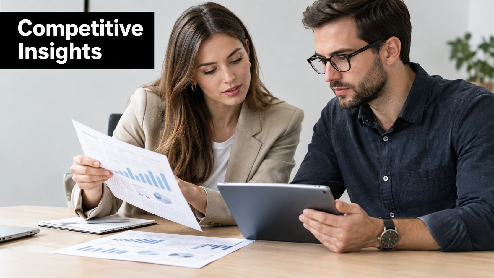 A professional man and woman collaborating on data analysis using documents and a tablet in an office.