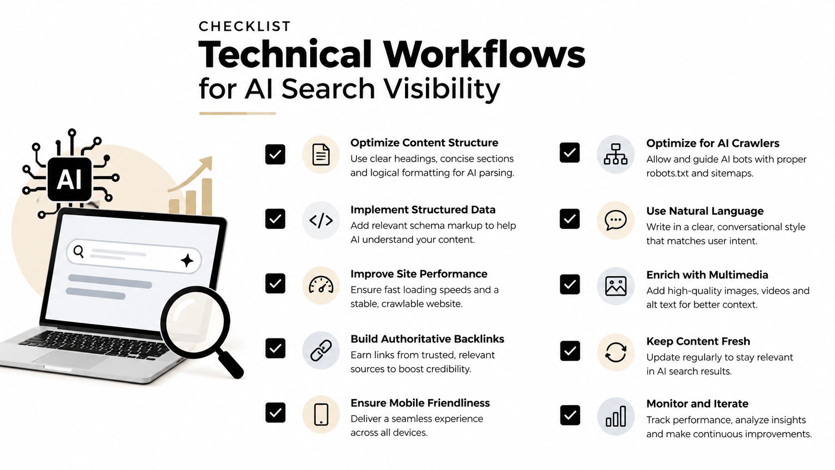 A checklist of ten technical workflows to improve website visibility for AI-powered search engines.