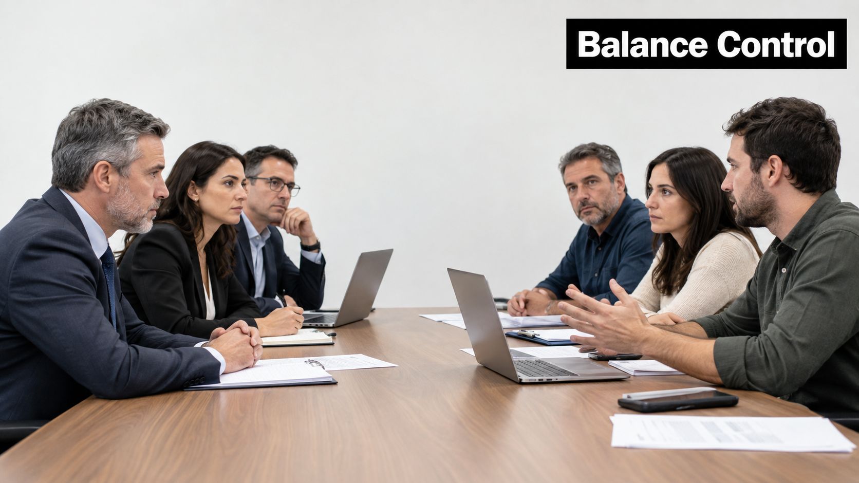 A professional team of business people having a collaborative meeting around a wooden conference table in an office.
