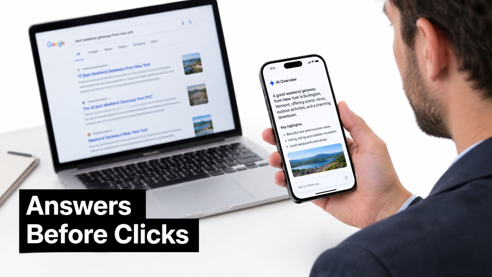 A person holding a smartphone showing an AI search overview next to a laptop with search results.