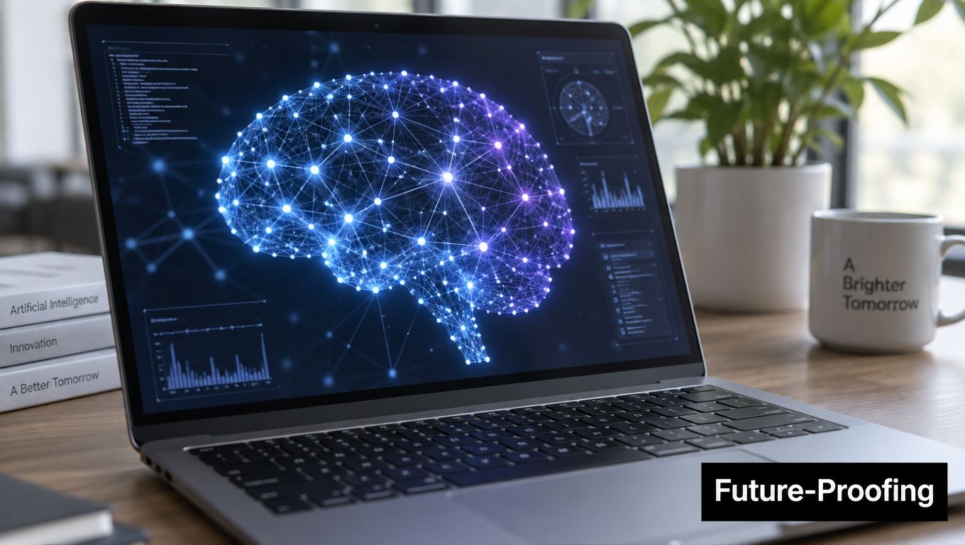 A laptop on a desk showing a glowing digital brain network visualization representing advanced artificial intelligence.