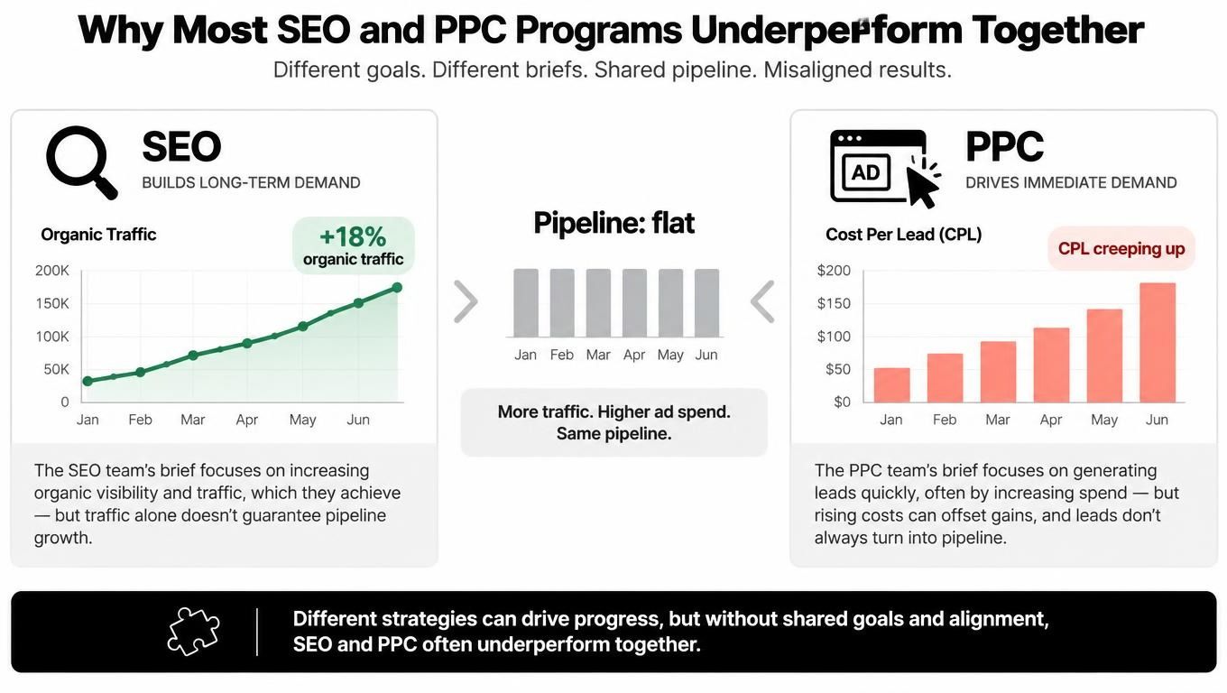 A diagram explaining why SEO and PPC programs often underperform when they lack shared goals and alignment.