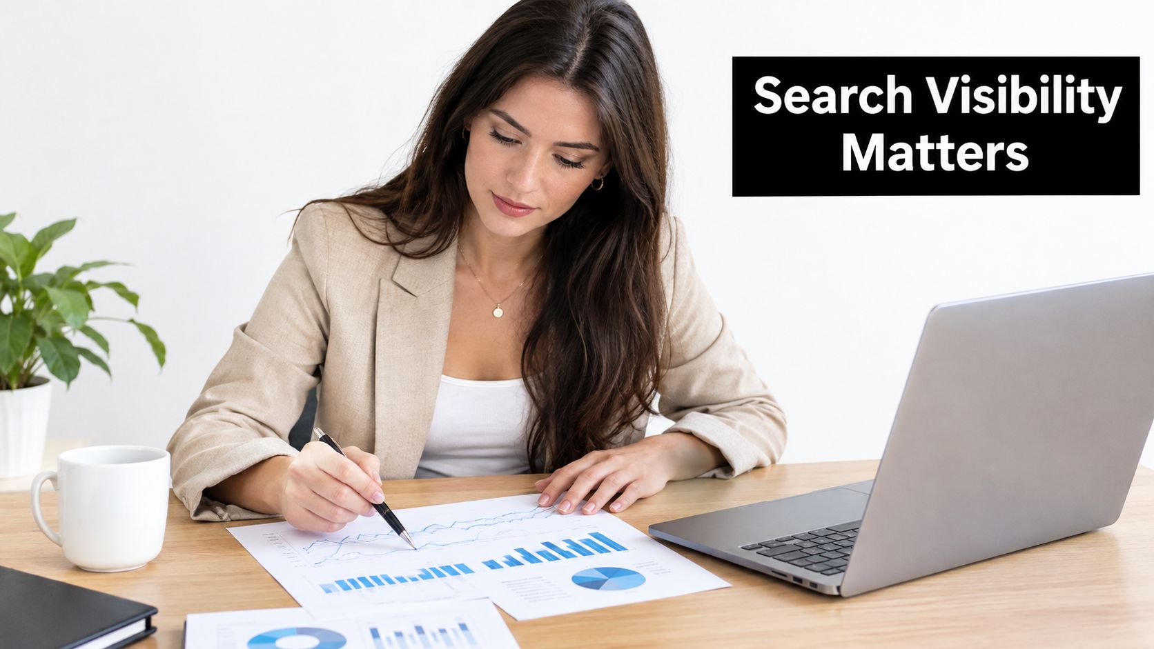 A professional woman at a desk analyzing business charts with a laptop in a modern office.